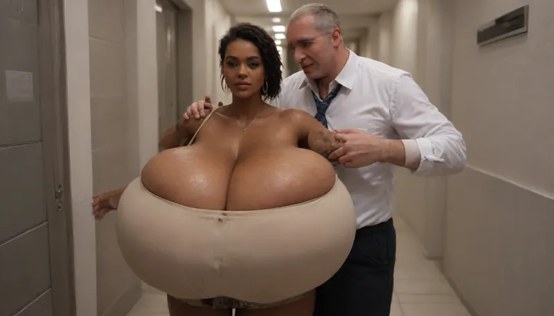 ((((very beautiful slutty seductive African prostitute woman fucking a very fat very old business man standing next to her)))), (very gigantic very massive droopy tits:1.55), (very overflowing cleavage:1.45), (very low cut long boob cleavage:1.05), all models with complete body