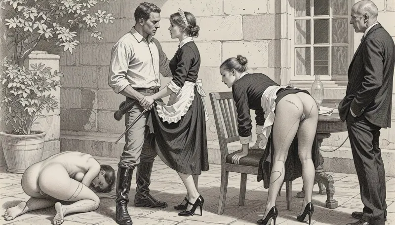 A detailed pencil sketch depicts a tense outdoor scene with multiple figures in a courtyard setting. The central subject is a man in a collared shirt and boots, standing and interacting with a woman in a maids dress who is holding a riding crop. She pulls up her skirt, her buttocks are visible. To his right, another woman in a maids dress and high heels is bent over a chair, appearing in a submissive position. Her skirt is pulled up, her buttocks are visible. Whipmarks are visible on her butt. On the far right, an older man in a dark suit watches the scene. In the foreground, a third woman lies on the ground, naked, whipmarks on her buttocks. she is curled up, lying on her left side. The composition is dynamic, with figures arranged to create a sense of narrative tension. The drawing style is realistic and detailed, using shading to convey form and depth. The background features a stone building with a window and some foliage, suggesting an urban or institutional environment. The lighting appears to be natural daylight, casting soft shadows. The overall mood is dramatic and suggestive, with a focus on power dynamics and human interaction. The image is rendered in grayscale, emphasizing line work and tonal contrast. The technical style is reminiscent of a narrative illustration, with careful attention to anatomy and perspective.