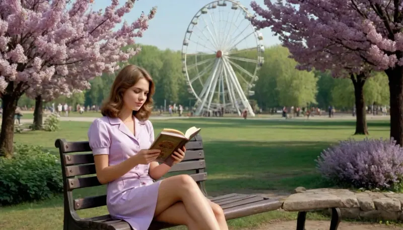 (1970s in the USSR), beautiful soviet student reads a book while sitting on vintage park bench in old soviet style under a blooming lilac bush in an ancient park, ferris wheel on the horizon, amusement park setting and entourage as background., (USSR epoch, soviet poster art style, Soviet advertising art style, 1970s analog photo for soviet magazine, 1970s atmosphere)