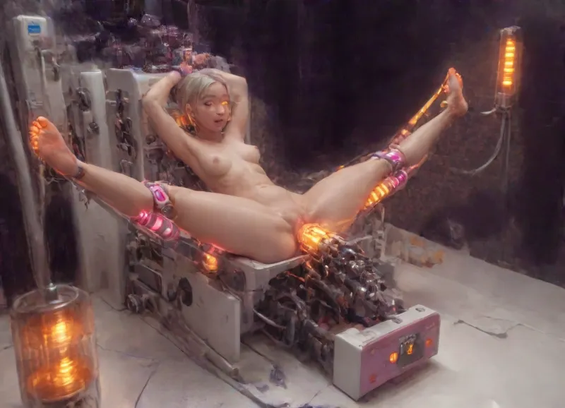 1girl solo, full body view, hot 20 yo woman, barefoot, blonde, beautiful face, tall and cute, evil, tan skin, sunkissed tan, round prominent breasts, naked, (massive boxy modern sleek prototype Uber fucking machine, pink plastic panels, completely contains girl behind glass:1.222), (shackled wrists, shackled ankles, cables wrapped around thighs mechanical restraints, pink metal pipes:1.222), (glowing orange vacuum tubes components:1.222), sexmachine, anal insertion, pussy dripping glowing liquid, (legs spread wide open, prominent feet, detailed toes), (glowing eyes, glowing toenails:1.111), small breasts, detailed industrial background, yours truly, Astrid Ivy ♡, <lora:sexmachine_XL_0_:1>, <lora:ContainmentTubeXL:1>, <lora:Vacuum Tubes v1.0:1>, <lora:add-detail-xl:1>, Close-up, shot, of, CRT, screen, <lora:crt_sdxl:2>
