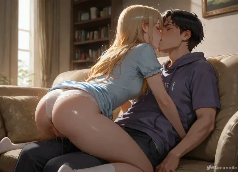 one man and one woman, male face, high quality, photorealistic, darkness, black hair, short blonde male hair, (tall:1.2), (short:1.2), thin, slim, delicate, flat chest, medium breasts, (pubic hair), (female long blue woolen dress with short sleeves), (female underwear:1.2), (male pants), (plain hoodie), (long white socks), in room, on sofa, bookshelves, paintings, view of woman from rear, trembling, kissing, woman on top, fingering, hugging, (huge amount of juices dripping from woman:1.6)
