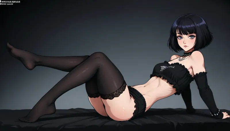 (Markgavatino meets Neocoill style), Cutesexyrobutts style, Cel-shaded, inked lineart, limited color palette, masterpiece, goth, ((stockings fetish:1.5), long legs, leg focus), dynamic pose, <lora:mk_Bp Anime_xl:1.2>, <lora:lineartSDXL:2>, <lora:EnvyBeautyXL01:2>