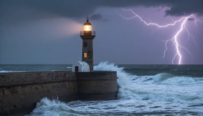 ((a 16th-century lighthouse a storm)), ocean, storm, tempest, lightning, powerful waves, foaming waves, on the sea, outdoors, photography