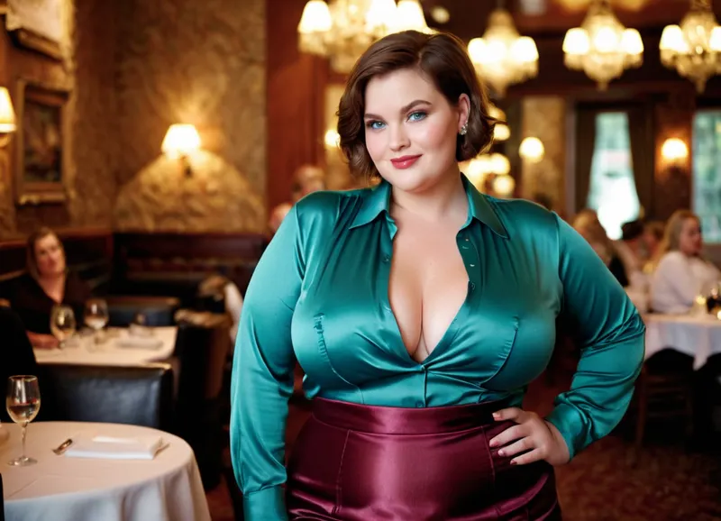 portrait, overweighted model, satin, shirt, skirt, short hair, seductive smile, massive fat bosom, blue green eyes, chubby face, catwalk, detailed chubby face, tubby waist, makeup, lipgloss, professional photography, cozy luxury Restaurant