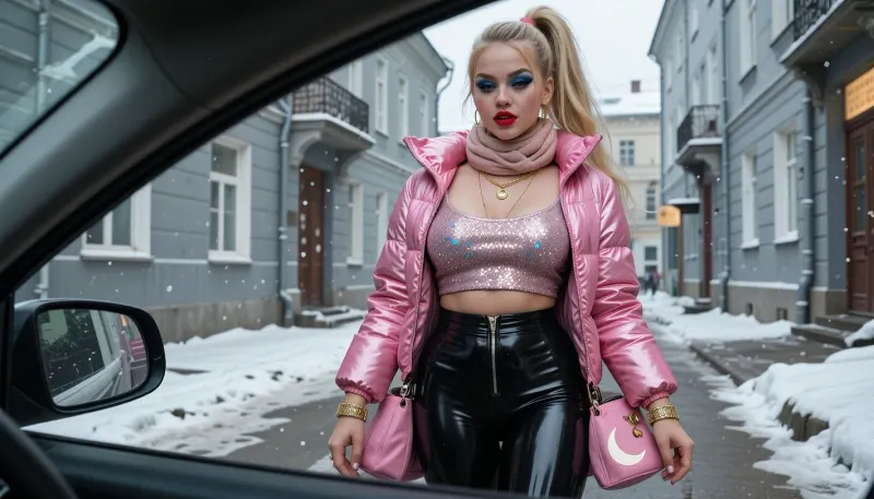 ugly russian girl, 18 years, (russian face:1.9), small body, chubby, blonde, golden necklace and braceletts, high ponytail, intense saturated red lipstick, glittering blue eyeshadow, black mascara, freckles, rouged cheeks, zipped black latex leggings, shiny pink puffer down jacket, glittering top, pink moonboots, scarf, shoulder bag, on a russian street, grey buildings, grey and cold winter day, snow, viewed from inside a car