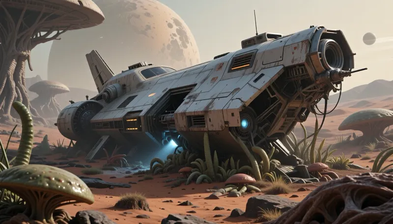 Wreck spaceship. sci-fi, Alien planet with alien vegetation
