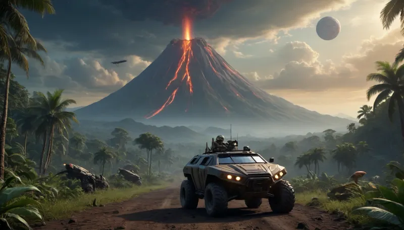 fullcolor image, 8K quality, night, alien planet, fantastic jungles, a volcano background, alien strange landscape, many fantastic animals, some planets satelite visible in sky, space cruiser hovering high over the landscape, an armored all-terrain vehicle drives through the jungle towards the volcano
