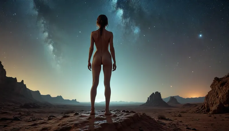 fullcolor image, 8K quality, at an alien planet, in a flat dessert, by night, starry sky, some satelites visible in sky, 1 woman is standing on top of a small hill, front view, completely nude, <lora:MJ52:.8>, <lora:EnvyCyborgXL01:1.5>, <lora:PerfectEyesXL:.8>