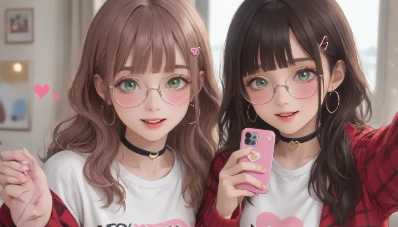 masterpiece, best quality, amazing quality, very 2girls, anime style, selfie, brown hair girl with long straight hair and blunt bangs, yellow-green eyes, pink heart hair clip, black choker with heart pendant, heart print black t-shirt, red plaid jacket, small hoop earrings, blushing cheeks, open mouth smile, holding pink smartphone, dark brown hair girl with long wavy hair, blue-green eyes, round gold glasses, dark brown zip-up hoodie with white drawstrings, white t-shirt underneath, blushing, bokeh background, warm pink tones, floating pink hearts, sparkles, close-up portrait, upper body, high quality, detailed, soft lighting, <lora:outline_xl_kohaku_delta_spv5x:1.3>, <lora:NEOTOKIOXL_0.2_RC:.7>, <lora:Ppolar-P3v1-NbVp10:.7>, <lora:cartoon_stickers_xl_v1:.5>