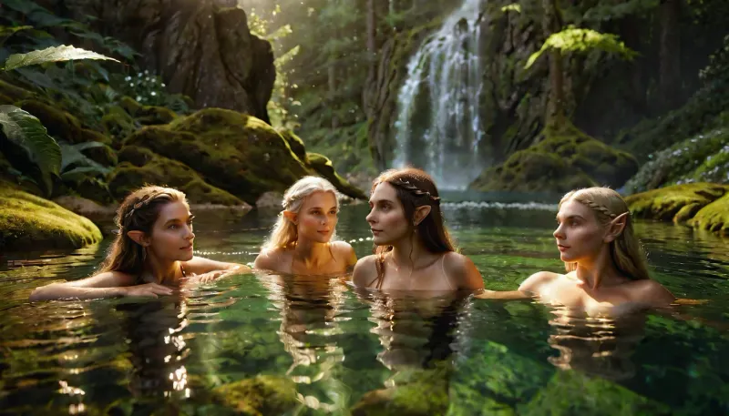 In a high-detail, photorealistic scene, a group of young elf women, bathing in a hidden mountain pool, the soft sunlight bathing their skin, the lush forest behind them slightly veiled in a mist, hint of magic in the air, warm color tones, every detail of her serene body, the fabric texture, and the water’s clarity rendered in perfect focus, creating a tranquil, romantic escape on this golden summer day, <lora:photorealistic_portrait_notrigger:.8>, <lora:sunlight_str1-SDXL_v1-dim64-steps1691:.8>
