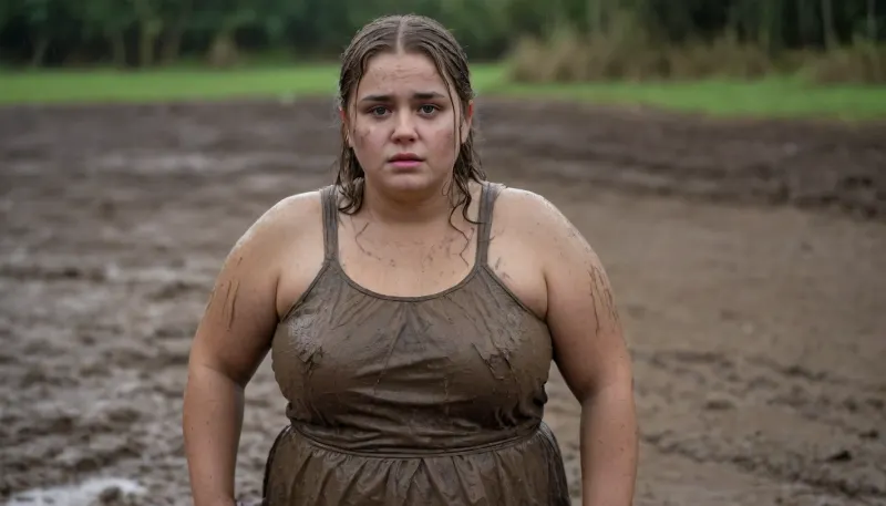 A young, overweight 18-year-old woman with a round face, standing in the mud, she is completely soaked by the rain and covered in mud, her rain-soaked hair is completely covered in mud, her face is completely covered in mud, she is wearing a golden, rain-soaked dress, which is covered in mud