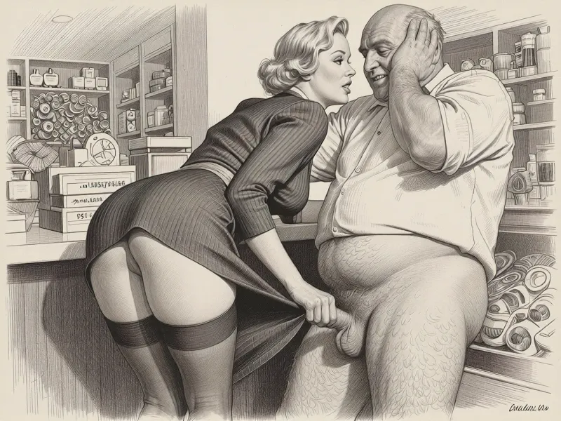 This is a detailed monochromatic pencil drawing in a classical illustrative style depicts a scene set in the 1930s in Germany, a grocery store, a beautiful sexy blonde mother with an elegant hairstyle, a frau with an hourglass figure, curvy body, dressed in a 1930s strict dress dress, brown silk stockings, (wide hips), She's leaning low over the counter with the hem of her dress up and masturbates dick of a an obese ugly old salesman 90yo standing a front of her, ((her ass and labia are visible), a an obese old salesman is wearing shirt with the sleeves rolled up, his pants are down, his hairy legs are visible, Old salesman smirks maliciously, He rough holds Frau by head with his hands . Side view, The overall mood is intense, rendered in fine, expressive line work and subtle shading, evoking the style of 1950s satirical or moralistic illustrations.)