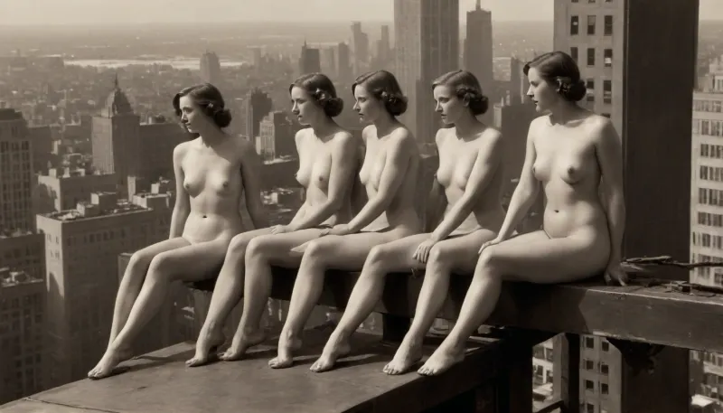 (a painting of "lunch atop a skyscraper"), of four nude ironworkers girls sitting on a steel beam of the RCA Building, 850 feet, (260 meters), above the ground during the construction of Rockefeller Center in Manhattan, inspired by 1932 black-and-white photography, chiaroscuro, style, dim, light, <lora:polyhedron_chiaroscuro-000005:.5>