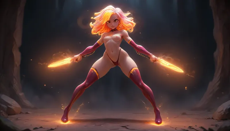 A gorgeous, slim, busty woman, (slut), fighting pose, small breasts, explicit, thick thighs, glowing, illuminated, neon, ultraviolet, iridescent, Full body portrait, slutty, arching back, (glowing orange neon hair:1.8), (glowing arm decoration), (glowing waist chain), glowing magic sigils on her skin, glowing eyes, (breast exposed:1), choker, high thong, thigh high boots, (athletic body:1.5), athletic legs, visible abs, nubile body, slim waist, flat chest, thick juicy ass, big gym girl ass, dynamic pose, standing, at night, Dim and surreal and low pink lighting, (DIM PINK LIGHT), brave, perspective, holding, sword, <lora:Animated_Concept:.9>, <lora:Samaritan 3d Cartoon SDXL:.6>, <lora:Neon_Ultraviolet_Glow-000011:1>, <lora:brave-perspective:1.3>