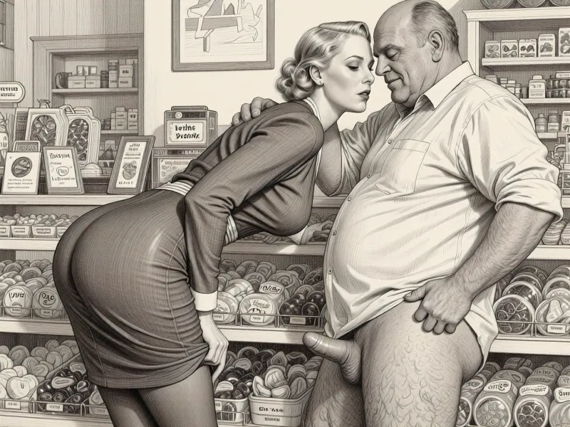 This is a detailed monochromatic pencil drawing in a classical illustrative style depicts a scene set in the 1930s in Germany, a grocery store, a beautiful sexy blonde mother with an elegant hairstyle, a frau with an hourglass figure, curvy body, dressed in a 1930s strict dress dress, brown silk stockings, (wide hips), She's leaning low over the counter with the hem of her dress up and masturbates dick of a an obese ugly old salesman 90yo standing a front of her, a an obese old salesman is wearing shirt with the sleeves rolled up, his pants are down, his hairy legs are visible, Old salesman smirks maliciously, He rough holds Frau by head with his hands . Side view, The overall mood is intense, rendered in fine, expressive line work and subtle shading, evoking the style of 1950s satirical or moralistic illustrations.