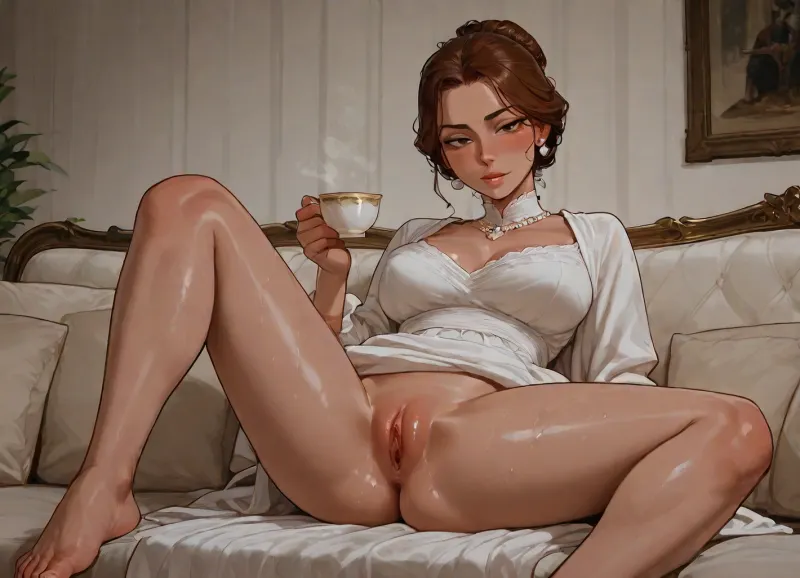 ((incase style)), (A graceful aristocratic lady with pearl jewelry and an elaborate updo lounges on a sofa in a victorian parlor. She wears a silk robe. The robe is ipen at the front. Her legs are spread, wet pussy with thick pussy lips), she is looking at the viewer with a haughty expression. She is holding a tea cup., score_8_up, score_7_up, score_6_up