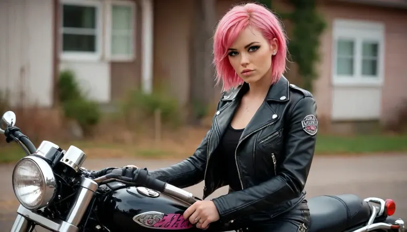 Butch pink-haired motorcycle rider, sexy, curvy, curvaceous, black leather pants, black leather jacket, pouty lips, pink hair, freckles, butch dyke, dike, <lora:MJ52:.8>, <lora:add-detail-xl:.8>