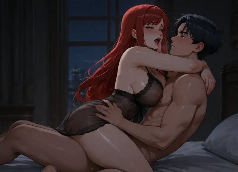 score_9, score_8_up, score_7_up, original, victoria, highres, (josei_anime_art_style:1.5), 1boy, 1girl, bed, bedroom, black_negligee, blush, breasts, dark_background, from_side, girl_on_top, green_eyes, moaning, hug, large_breasts, indoors, lingerie, lips, mature_female, mole, mole_under_eye, long_hair, negligee, night, nipples, on_bed, open_mouth, red_hair, see-through_clothes, head tilted back, see-through_negligee, sex, straddling, swept_bangs, thighs, upright_straddle, vaginal