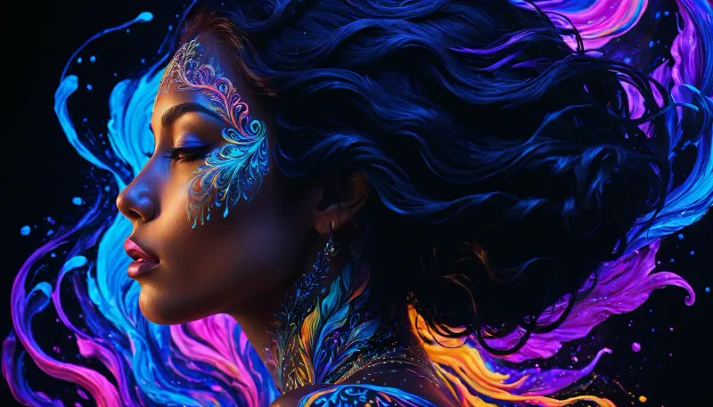 Colorful woman, Black ink flow, 8k, photorealistic masterpiece, intricately detailed fluid gouache, calligraphy, watercolor art, professional photography, volumetric lighting, photo-illustration, concept art, elegant, fantastical, PENeonUV, blacklight, neon, novuschroma47, style, <lora:PE_NeonUV Style:.5>, <lora:novuschroma47 style:.8>