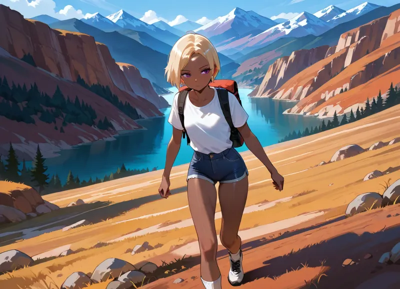 (blond short hair), (skinny), (small tits), (dark skin girl), (purple eyes), (severe look), hairy pussy, <lora:Tan_Pokemon_Anime_style_girl:.8>, <lora:aesthetic_anime_v1s:.8>, jeans shorts and white tee-shirt, backpack, hiking in the mountain, full vie, side, dynamic view, panoramic, dynamic walk, mouvement