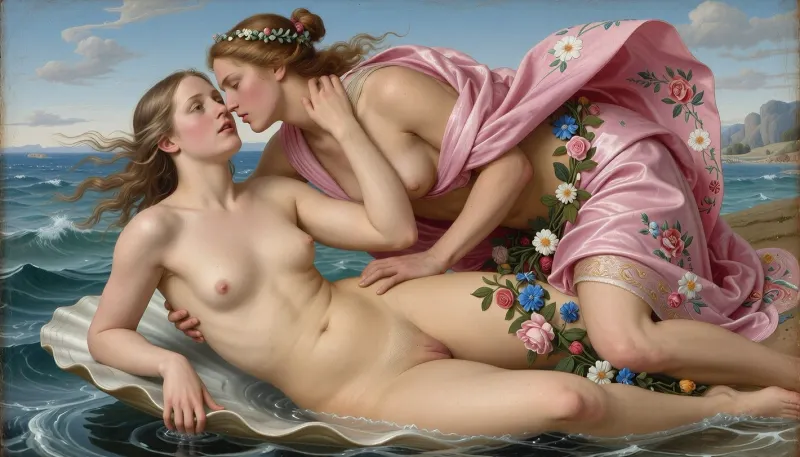 (masterpiece), (extremely detailed), (cinematic lighting), (realistic skin texture), (hyperrealistic), (photography), . Photographic reproduction of Sandro Botticelli's painting "The Birth of Venus".
Venus floats lightly on a shell across the rippling sea, in all her grace and unparalleled beauty, naked and distant like a splendid ancient statue. She is blown and warmed by the breath of Zephyr, the fertilizing wind, embracing a female figure who symbolizes the physicality of the act of love, moving Venus with the wind of passion. Perhaps the female figure is the nymph Chloris, or perhaps the wind Aura or Bora.

On the shore, one of the Hours, who presides over the changing seasons, particularly Spring, offers the goddess a magnificent pink cloak embroidered with flowers, (myrtle, primrose, and roses), to protect her. She represents Venus's chaste handmaiden and wears a silken dress richly decorated with flowers and garlands of roses and cornflowers, the flowers the goddess Flora found near the body of her beloved Cyanus.

The goddess's pose, with its balanced "contrapposto, " derives from the classical model of Venus pudica, (that is, covering her breasts and lower abdomen with her arms), and Anadyomene, (that is, "emerging" or rising from the sea foam), . The face appears to have been inspired by the features of Simonetta Vespucci, the woman of short life, (she died at just 23), and "unparalleled" beauty celebrated by Florentine artists and poets, while the background appears to have been inspired by the Gulf of Poets, where the painter is said to have met his muse.