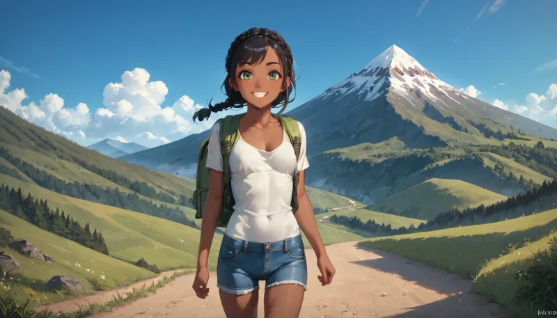 <lora:Tan_Pokemon_Anime_style_girl:.8>, <lora:aesthetic_anime_v1s:.8>, black hair, big braid, green eyes, dark skin, skinny, chimborazo, mountain, landscape, <lora:Chimborazo_SDXL:.8>, wearing short jeans and a white ample tank top, .big backpack, walking in the mountain, big smile, happy, looking away at the moutain, downblouse, nipslip, <lora:RealDownblouseXL2:.8>
