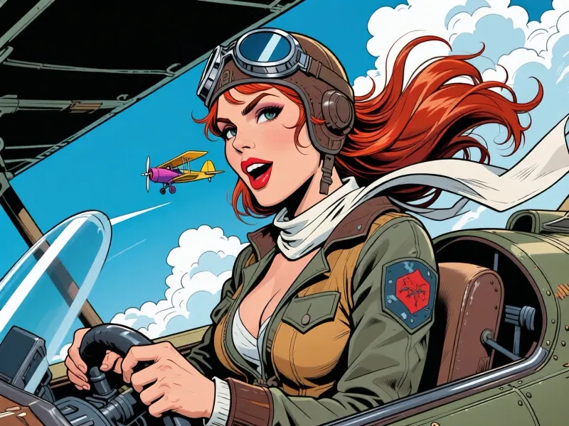 comic book style, us comic panels, graphic illustration, comic art, graphic novel art, vibrant colors, beautiful female pilot, red lipstick. aviator helmet and goggles pushed up on forehead, long red brilliant hair moved backward by wind and white scarf flying wildly in wind, sitting in open cockpit vintage plane, smiling with a predatory expression. Hands on control stick. blue sky and fluffy white clouds behind, small colorful biplane visible, dynamic wind motion lines, ink outlines, highly detailed, vibrant, expressive face, (Dutch angle)