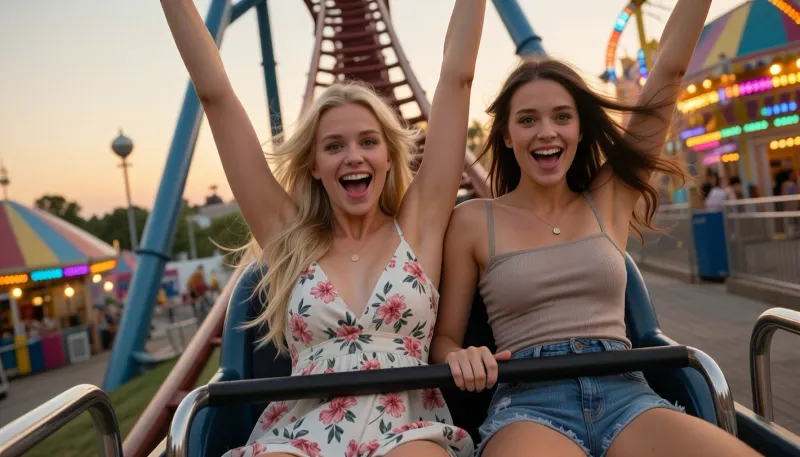 two Scandinavian women in their twenties on a romantic amusement park date, sitting together in the front row of a roller coaster, warm summer evening, just passing over the highest hill and beginning a steep descent, both with their arms raised high above their heads, laughing with pure joy and excitement as the coaster accelerates downward

the woman on the left has long blonde hair, bright blue eyes, fair Nordic complexion, wearing a light floral summer dress flowing in the wind

the woman on the right has long brunette hair, vivid green eyes, fair Scandinavian complexion, wearing a fitted spaghetti-strap top and denim shorts

their hair blown back by the speed, genuine smiles, carefree happiness, natural chemistry between them, colorful amusement park lights in the background, golden sunset sky, dynamic motion, sense of speed and freedom, cinematic roller coaster photo, realistic roller coaster car, photorealistic, highly detailed faces, natural skin textures, authentic emotions, masterpiece, ultra detailed, professional photography, motion blur in background, shallow depth of field, vibrant summer atmosphere, 8k, official on-ride roller coaster camera photo, candid amusement park ride photograph, authentic theme park ride photo, spontaneous laughter, perfectly timed ride camera shot