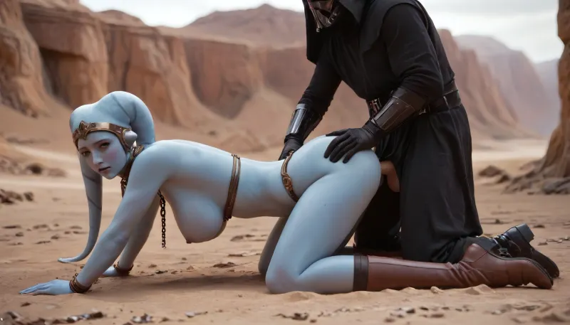 female twi'lek, blue skin, disgusting, big breasts, slave outfit, slave collar with chain, on all fours, full body, in desert planet, darth vader fucking twi'lek doggystyle, penis, doggystyle, holding ass, side view, detailed, Twi'lek, msle, Female, 4ng3l, face, look, at, my, prompts, <lora:twi'lek:1.2>, <lora:SDXL_BetterFaces-LoRA_v1:1.1>, <lora:SDXL_Sevenof9_7th_NSFW:.8>