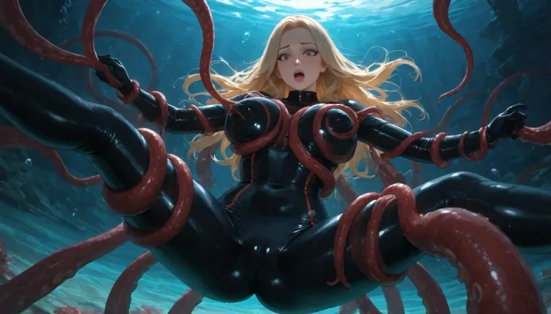 underwater, sexy female diver in shiny black latex diving suit, long blond hair, (red octopus tentacles grabbing the woman and squeezing her breasts), beautiful face, big beautiful black eyes, pink lips, open mouth, shocked look, spread legs, outstretched arms, floating in the water, realistic light and shadow, many air bubbles around, very high quality, ultra wide shot, beautiful, low light, 4k