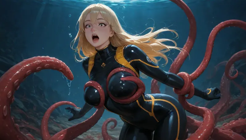 Buceo picado grappled por pulpo rojo tentáculos bajo el agua