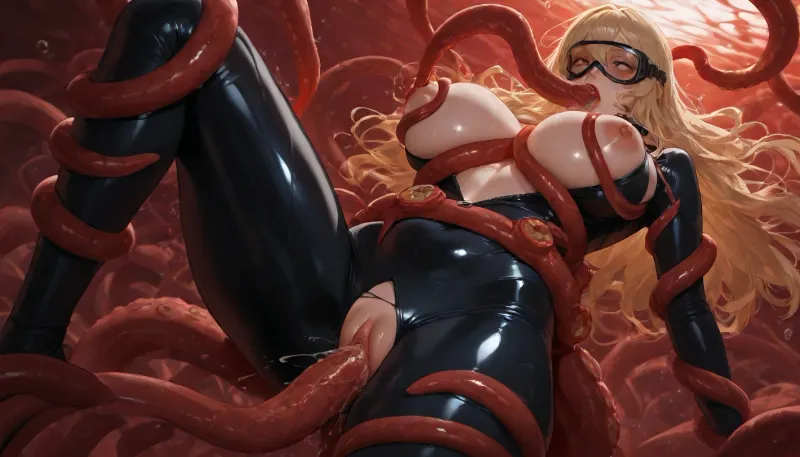underwater, sexy female diver in shiny black diving suit, long blond hair, (red octopus tentacles grabbing the woman and squeezing her breasts), beautiful face, big beautiful black eyes, shocked look, ((((floating)))), ((big red tentacles around waist)), (((ripped diving suit))), tentacle in ass, two big tentacles in pussy, blowjob, fucking, penetrating, ahegao, orgasm look, realistic lights and shadows, many air bubbles around face, diving mask, other divers watching, ultra wide shot, beautiful, low light, 4k