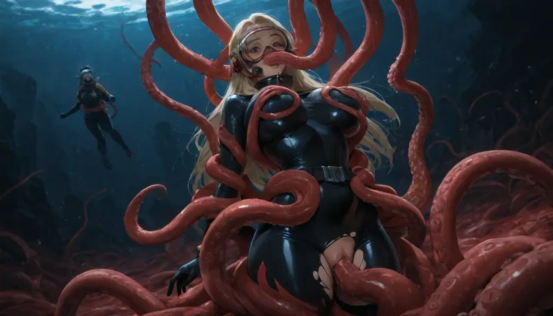 underwater, sexy female diver in shiny black diving suit, long blond hair, (red octopus tentacles grabbing the woman and squeezing her breasts), beautiful face, big beautiful black eyes, shocked look, ((((floating)))), ((big red tentacles around waist)), (((ripped diving suit))), tentacle in ass, two big tentacles in pussy, blowjob, fucking, penetrating, crossed eyes, realistic lights and shadows, many air bubbles around face, diving mask, other divers watching, ultra wide shot, beautiful, low light