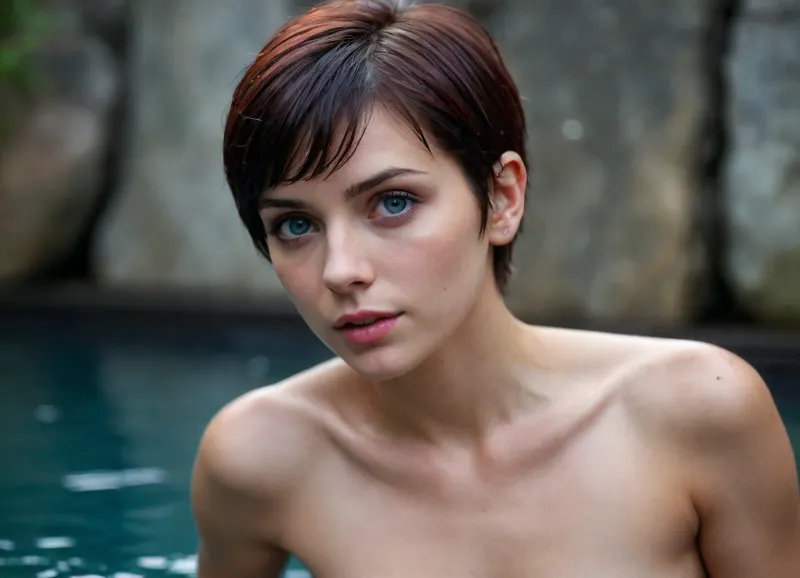 beautiful slim fit 20 years old woman, narrow torso, narrow hips. Slender skinny. A-cup, full body view. naked, night outdoor, darkest night, relaxes in hot water, dark red hair, (((pixie wet haircut))), onsen, haze, body lying in water, head resting on the stone edge of the pool, partially submerged, Accurate eyes. Realistic detailed eyes. Realistic skin texture. body wet, high quality, photorealistic, hyperrealistic, extremely detailed, high resolution, high resolution face, high resolution eyes, 8k, fogggy, style, smudge, painting, bright, blue, eyes, <lora:bright_blue_eyes:.8>