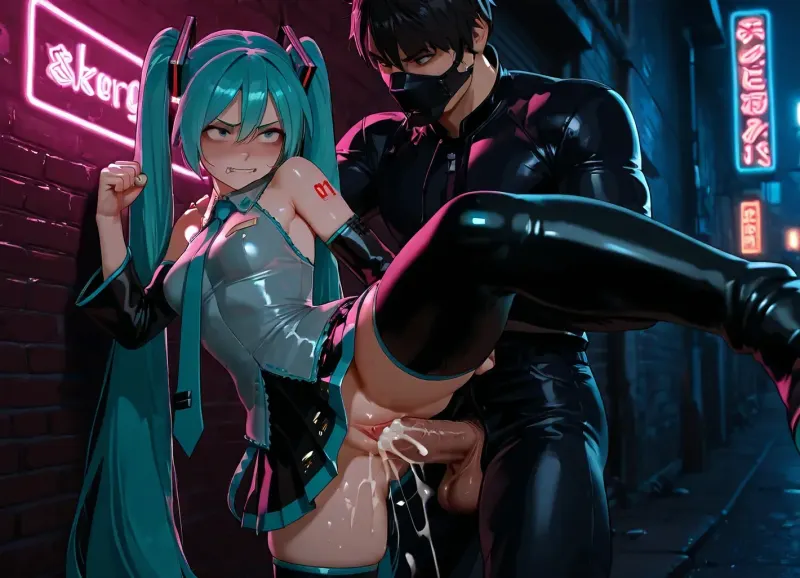 Hatsune Miku, extreme brutal raped, struggle, (biting, scratching, desperation, kicking, trying to fight back), (dark alley at night, neon lights), torn clothes, cum inside, messy fluids, dead eyes, 8K, 3D, masterpiece.