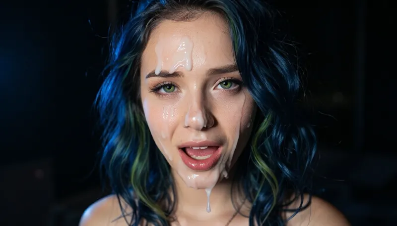 very cute and pretty skinny short Goth girlfriend, age 22, face covered in loads of semen, face glazed with cum from a lot of men, cum in deep blue messy wavy hair with green highlights, cum on the forehead, cum on eyes, cum on the nose, cum on cheeks, cum on mouth, cum dripping off chin, mouth open, expression, climaxing, sweet agony, raised eyebrows, sweating, bright green eyes, shiny wet eyes, tired impression, night time, darkened room, the lighting in the frame is high-contrast, the face and the front of the body are illuminated by a soft, warm light, while the contour of her face is accentuated by blue backlighting, effectively separating the model from the nearly black background
