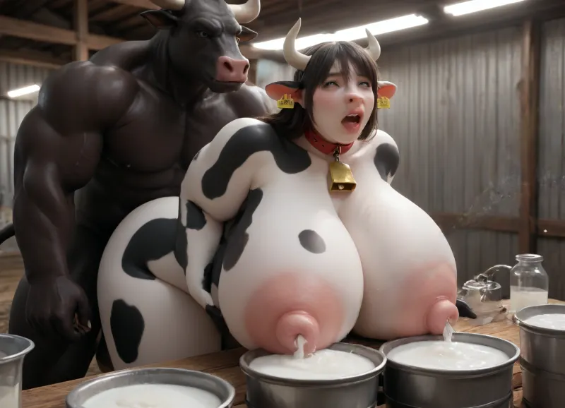 (((full colour:2), vivid colour, farmyard scene, anthro-furry scene, 1/4 front view), (((cow-girl with black and white skin), cow-girl with big tits, human face, huge nipples, cow-girl tits full of milk, (cow-girl hands holding her tits:1), milk squirting from cow-girl nipples, gorgeous, chubby), (cow-girl fucked by muscular bull-man with gigantic cock, milking tits, (squeezing cow-girl tits:1)), muddy)), 2characters, 1_cow_girl, 1_bull_man, fucking