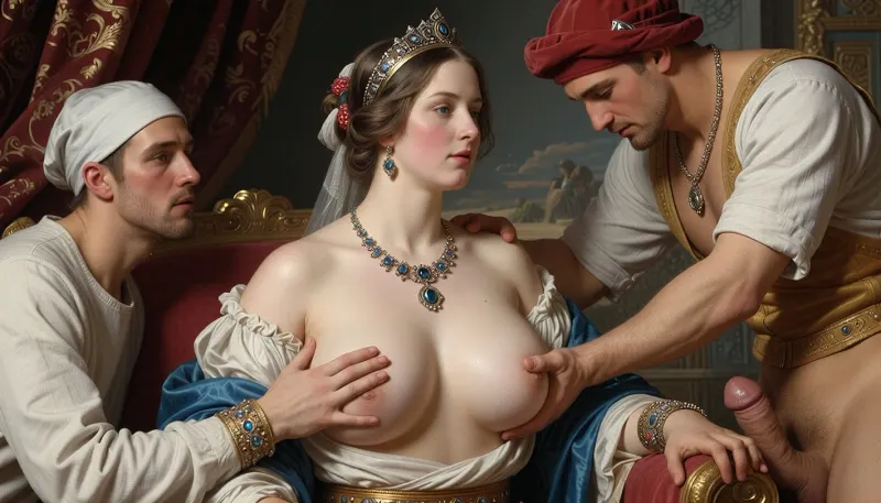 50 years, style peinture classique, gros seins, impératrice russe accompagnée de deux serviteurs, un des serviteurs lui touche le sein, elle touche le sexe de son serviteur, couverte de joyaux, cleavage, légèrement enveloppée
