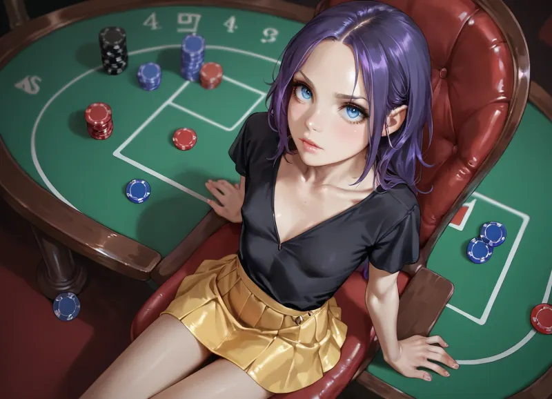 sitting around a poker table, sitting on chair, kk_sexydress, <lora:kksexy:.8>, wearing yellow skirt and black teeshirt, (slim), (small breast), (purple hair), (candid look), (blue eyes), looking up, bird eye view, upset