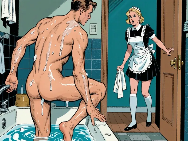 A vintage-style illustration depicting a scene in a 1950s bathroom. In the foreground a naked man steps out of the filled bathtub. He is seen from behind and from the side. He is dripping wet, water and soapbubbles on his skin. Through the open door the 18 year old, blonde maid comes into the room. She wears a maids uniform with white stockings and black flat shoes. she looks surprised, dropping the white folded towel, she was holding., (shy:1.2), (scared women:1.2), maid outfit, (pale women:1.1), shy women. Lighting is flat and even, typical of mid-20th-century illustration, with strong outlines and cross-hatching for shading. The image has a retro, illustrative style with fresh colors and a slightly grainy texture, evoking a 1950s–60s adult comic aesthetic. The overall tone is stylized and dramatic, emphasizing power dynamics and control.