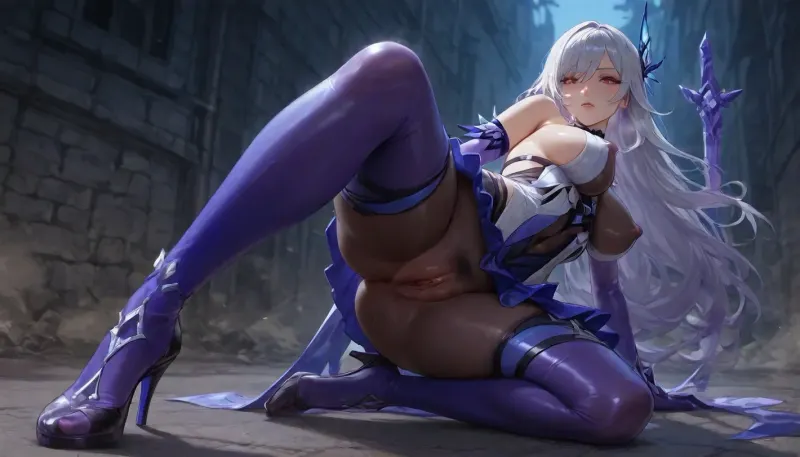 genshin impact, skirk, (genshin impact), 1girl, solo, white and blue revealing dress, black straps, purple and blue gradient long gloves, purple thighhighs, sheer purple pantyhose, blue crystal accessories, long flowing white hair with blue accents, red eyes, elegant abyssal attire
Full body action shot of a b-boy performing a low-to-the-ground footwork sweep in a breakdance battle, exact martial arts sweeping leg posture. One hand and one foot supporting on the floor, the other leg wide open and sweeping rapidly horizontally just inches above the ground. Intense focus, dynamic motion blur on the sweeping leg, dust swirling from the floor, underground concrete warehouse back alley, moody cinematic dramatic lighting, highly detailed, photorealistic 8k.
The outline of the large anus was clearly visible, Small breasts., (big Labia outline:1.5), (big nipple outline:1.5), (black dense pubic hair:1.5), ., (A clearly Erect nipples outline:1.5), A clearly visible vaginal outline. camel toe.
