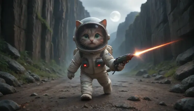 A Rocky grey Lunar landscape on the moon in space. A cat walking upright. A cute tabby female cat, (dark brown-grey fur, green eyes), in spacesuit holding a laser toy gun hunting green bugeyed aliens. An Ufo in the background., ktt, artstyle, wandathecat, <lora:Kitty LoRA - Trigger with KTT Artstyle:1.5>, <lora:wandathecat:1>