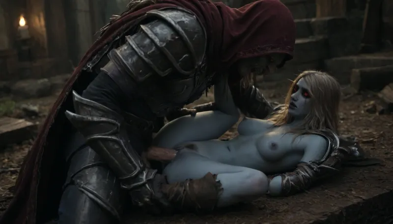 Cinematic still, UHD 8K, ((sylvanas windrunner from warcraft banshee, undead, worn broken black armor on the body and legs, smudged mascaraed, blue skin girle, dirty-blonde pubic hair)), (male penetrates female with penis, missionary vaginal sex with cum), sperms flow on ass and pussy, legs thrown over head, <lora:dark:.1>