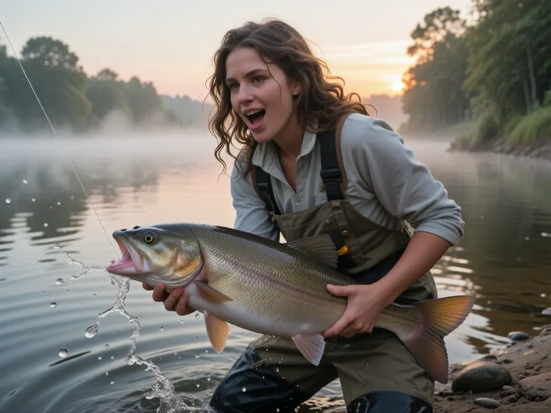 An attractive female angler standing on the bank of a misty river, engaged in a tense struggle with a large fish she has just caught. A dynamic shot that captures in detail her expression of sheer delight at her unique catch. Wavy hair, practical fishing attire. Early morning fog, the colors of sunrise reflecting on the water’s surface, atmospheric lighting, detailed water spray, photorealistic, sharp image, ultra-detailed.