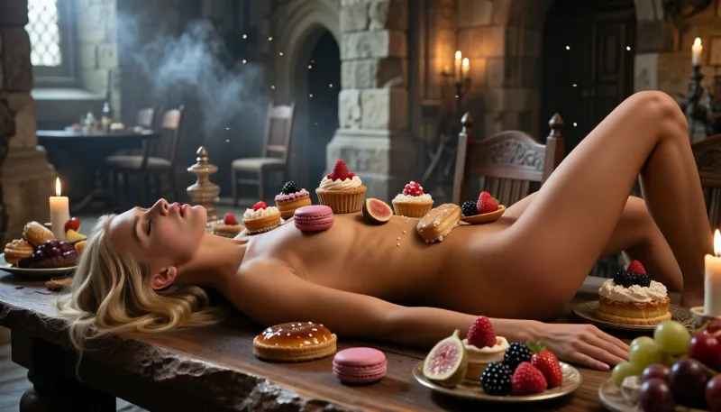 Ultra-photorealistic fine art food photography, cinematic medieval fantasy. Inside an ancient stone castle hall, a serene blonde woman lies motionless on her back upon a rough-hewn oak table. The composition uses side view with slight elevation, focusing sharply on the woman. The environment fades into a soft cinematic blur, revealing an old castle hall with massive stone blocks and rustic wooden chairs, empty. No guests are present, enhancing the sense of mystery. Her skin has a warm, sun-kissed bronze complexion with rich golden undertones. Only luxurious desserts are arranged across her body with meticulous artistic precision, miniature cakes, fruit tarts, macarons, éclairs, petits fours, glazed pastries, sugared berries, figs, grapes, strawberries, raspberries, blackberries, and other fine delicacies. The lighting uses warm candlelight and dramatic backlight with soft volumetric rays cutting through drifting smoke and dust particles. The mood is mystical and timeless, elegant and dreamlike. Selective focus, creamy bokeh, volumetric lighting, rich color grading, and sharp hyperrealistic textures