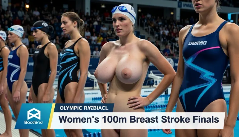 several women, swim meet, swim race starting line up, competitive olympic womens swimmers are lined up standing at their starting positions wearing their team swim suits, (one woman in the line up is fully nude wearing swim cap and swim goggles. cute nerdy college woman with enormous natural breasts, freckles, freckles on breasts, determined expression, hands on hips), (beautiful face with natural makeup, perfect soft skin texture), olympic swim event, (wide shot:1.5), (full body), (audience in background), (Broadcast overlay, Graphic on bottom that says "Women's 100m Breast Stroke Finals")