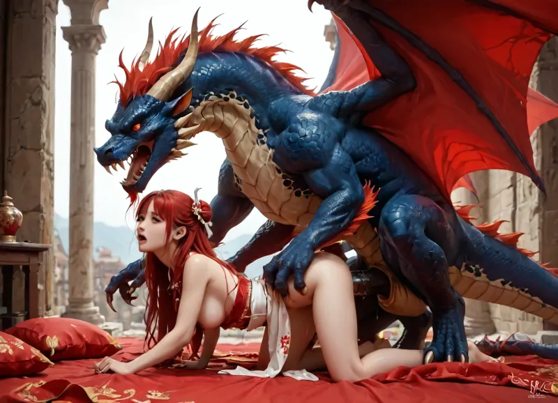 1woman, Hui Liyi, Dragon Clan series, noble lady, long red hair, fluffy hair, soft bangs, hair tied on back, long side locks wrapped with white ribbons, red eyes, shuddering orgasm, loud screaming orgasm, mouth opened, skinny, revealing light white kimono, red frills, Chinese letters printed on kimono, breasts, shaved pussy, thigh gap, doggy fucked by black dragon, dragon is giant shiny black winged, size difference, dragon is opening wings, dragon is flexing legs, howling, fucked from behind, massive black penis in vagina, vaginal penetration, in Chinese palace, side view, huiliyi, Unfazed, dragon, <lora:huiliyi-noob-000012:1.2>, <lora:Unfazed_dragon_-_XL SDXL:.2>