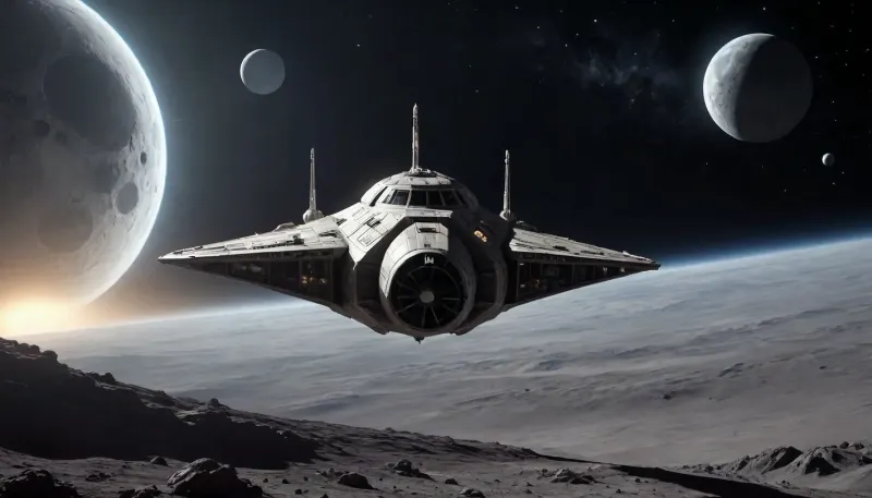 space ship from "Star Wars" movie series in the open space near the moon