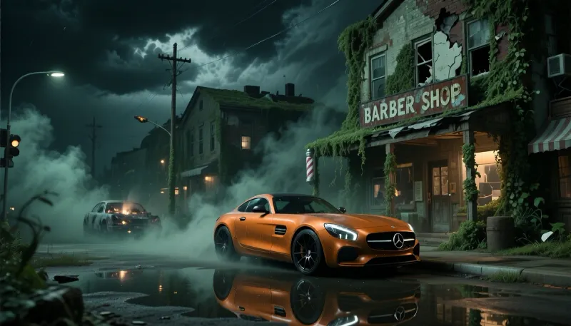 Fantasy setting, cgi Render with imperfections saturated dark green colors Style, The scenario is enveloped in the deepest darkness imaginable, filled with thick, swirling steam and dust that obscures every surface, The air is heavy and thick, and no ray of light penetrates the suffocating haze, dark, black storm clouds rob the scene of the last shred of light, extreme low light, Fantasy Setting, CGI Render, with imperfection, saturated dark green color style, the scene unfolds in the deepest imaginable darkness, filled with dense swirling mist and drifting smoke, the heavy air barely allows faint diffused light to penetrate the haze, creating an eerie cinematic atmosphere, eye level three quarter side perspective, the foreground is dominated by a pristine metallic orange Mercedes AMG GT, parked perfectly parallel to the curb, flawless deep metallic paint, black forged wheels, mirror-like reflections, the hero object of the composition, a perfectly still rain puddle reflects the Mercedes, ruined buildings and dramatic storm clouds, over twenty years after civilization collapsed the town has been reclaimed by nature, more than seventy percent of every building is covered by ivy, moss, vines and dense vegetation, rooftops partially collapsed beneath greenery, shattered windows, burned facades, peeling paint, rusted signs, broken awnings, twisted traffic lights with no illumination, leaning utility poles, hanging power lines, abandoned burned-out vehicles with missing doors, broken glass and stripped interiors scattered throughout the background, no other functional vehicles remain, across the street behind the Mercedes stands an abandoned BARBER SHOP beneath a weathered wooden porch almost completely swallowed by vegetation, hanging vines and moss, above the entrance a large broken rusted wooden sign reading, BARBER SHOP, with faded peeling letters, beside the entrance a weathered barber pole barely visible beneath ivy, quiet cinematic irony, melancholic atmosphere, physically accurate lighting, volumetric fog, realistic reflections, ultra detailed textures, luxury magazine quality, razor sharp focus, subtle depth of field, photorealistic, 8K, indistinguishable from reality, Masterpiece, ultra realistic award winning editorial automotive photography, authentic full frame DSLR realism