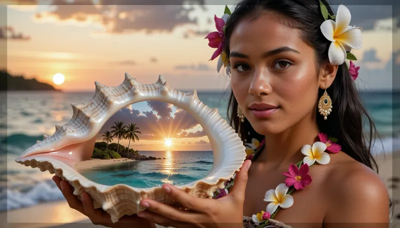A portrait of a beautiful Polynesian girl on the ocean shore, created using the double exposure technique, featuring extremely detailed and authentic facial features, she is wearing a traditional floral lei, (garland), made of plumeria and tiare flowers, with the same flowers in her hair. She is holding a stunning, giant seashell in her hands. Inside the shell, a miniature reflection of a breathtaking tropical island is visible, featuring the coastline and the ocean at sunset during the “golden hour.” Cinematic lighting, photorealism, high resolution, voluminous light rays, sharp focus—a masterpiece.